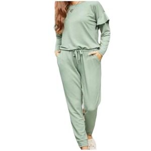 Matilda Jane Resting Day Romper Womens S Sage Green Ruffle Shoulder Jumpsuit NEW
